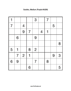 Sudoku - Medium A209 Printable Puzzle