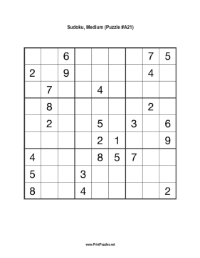 Sudoku - Medium A21 Printable Puzzle