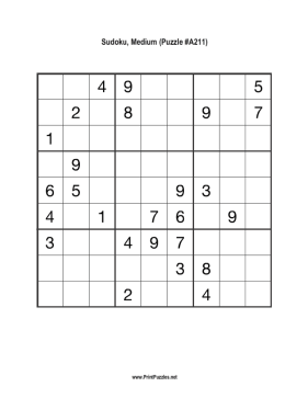 Sudoku - Medium A211 Printable Puzzle