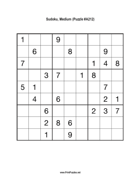 Sudoku - Medium A212 Printable Puzzle