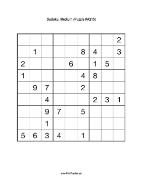 Sudoku - Medium A215 Printable Puzzle
