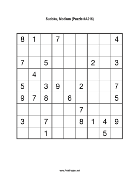 Sudoku - Medium A216 Printable Puzzle