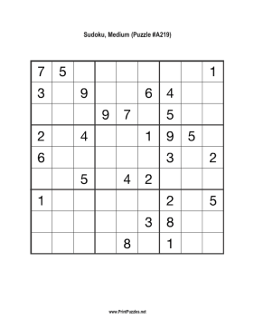 Sudoku - Medium A219 Printable Puzzle