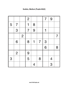 Sudoku - Medium A22 Printable Puzzle