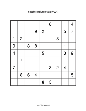 Sudoku - Medium A221 Printable Puzzle