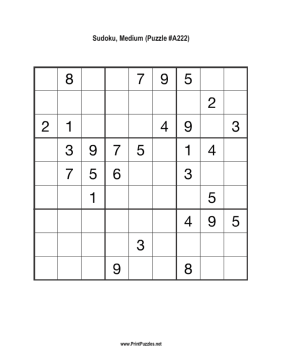 Sudoku - Medium A222 Printable Puzzle