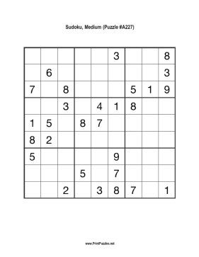 Sudoku - Medium A227 Printable Puzzle