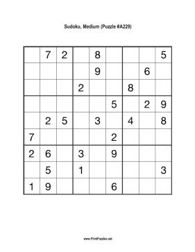 Sudoku - Medium A229 Printable Puzzle