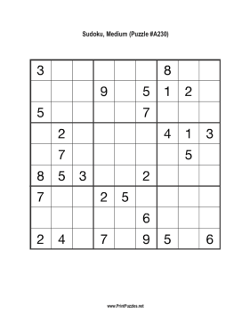 Sudoku - Medium A230 Printable Puzzle