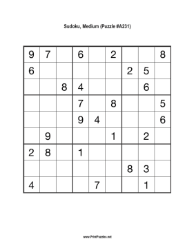 Sudoku - Medium A231 Printable Puzzle