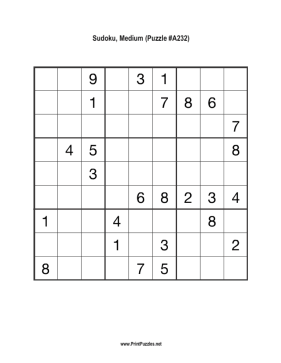 Sudoku - Medium A232 Printable Puzzle