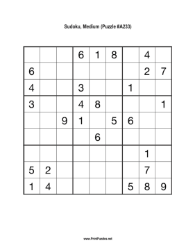 Sudoku - Medium A233 Printable Puzzle