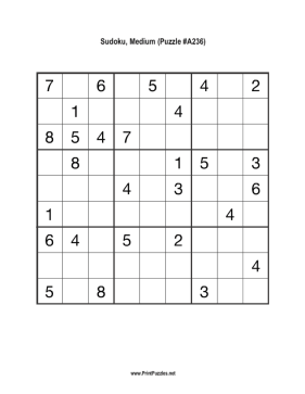 Sudoku - Medium A236 Printable Puzzle