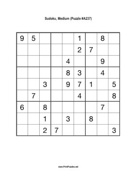 Sudoku - Medium A237 Printable Puzzle