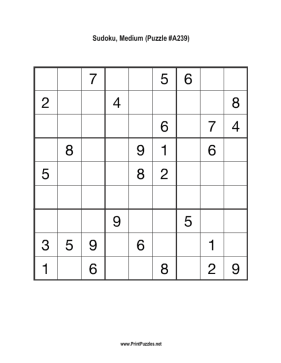 Sudoku - Medium A239 Printable Puzzle