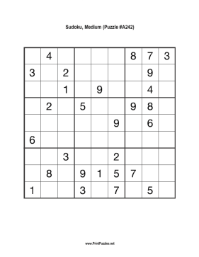Sudoku - Medium A242 Printable Puzzle