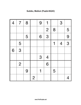 Sudoku - Medium A243 Printable Puzzle