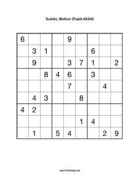 Sudoku - Medium A244 Printable Puzzle