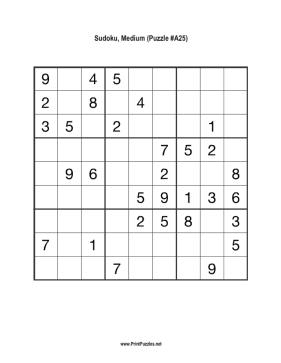 Sudoku - Medium A25 Printable Puzzle