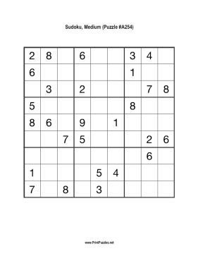 Sudoku - Medium A254 Printable Puzzle