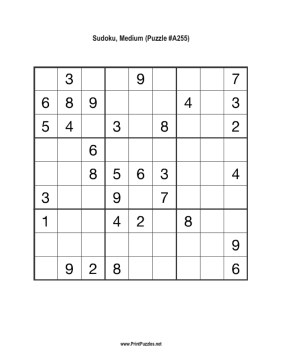 Sudoku - Medium A255 Printable Puzzle