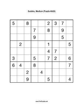 Sudoku - Medium A26 Printable Puzzle