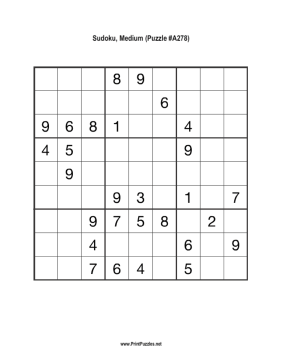 Sudoku - Medium A278 Printable Puzzle