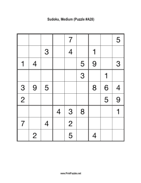 Sudoku - Medium A28 Printable Puzzle