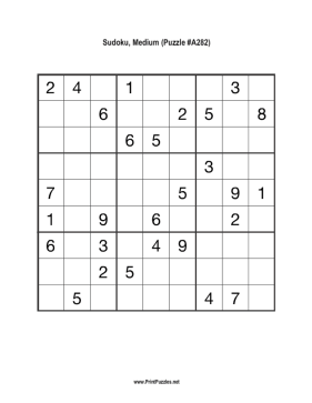 Sudoku - Medium A282 Printable Puzzle