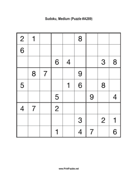 Sudoku - Medium A289 Printable Puzzle
