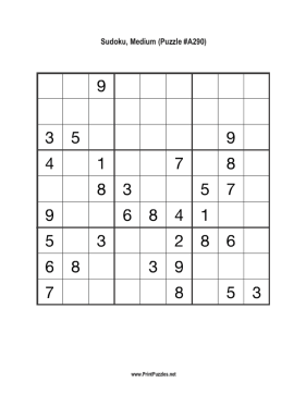 Sudoku - Medium A290 Printable Puzzle