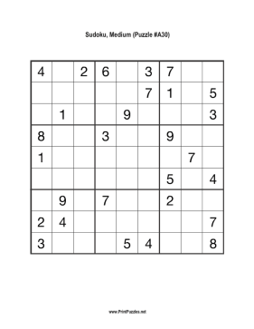 Sudoku - Medium A30 Printable Puzzle