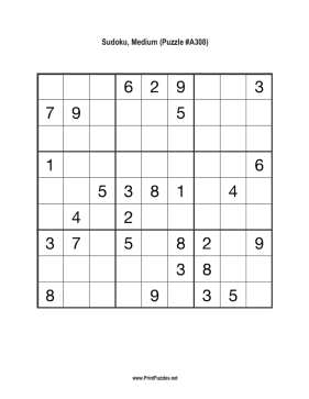 Sudoku - Medium A308 Printable Puzzle