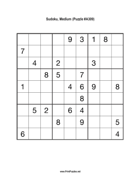 Sudoku - Medium A309 Printable Puzzle