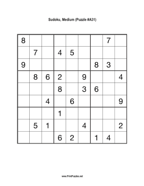 Sudoku - Medium A31 Printable Puzzle