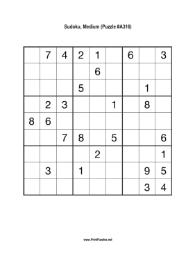 Sudoku - Medium A316 Printable Puzzle