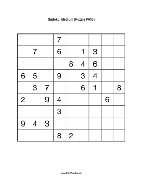 Sudoku - Medium A33 Printable Puzzle