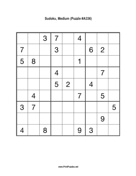 Sudoku - Medium A336 Printable Puzzle