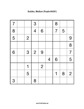 Sudoku - Medium A361 Printable Puzzle