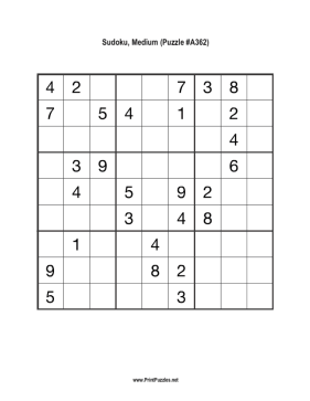 Sudoku - Medium A362 Printable Puzzle
