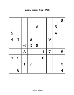 Sudoku - Medium A38 Printable Puzzle