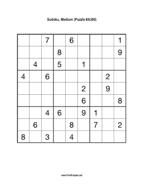 Sudoku - Medium A380 Printable Puzzle