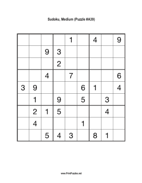 Sudoku - Medium A39 Printable Puzzle