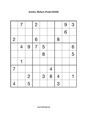 Sudoku - Medium A400 Printable Puzzle
