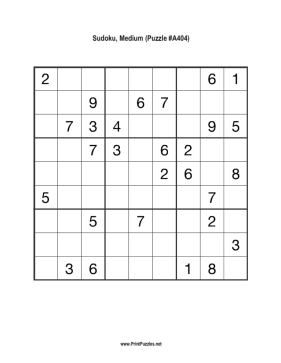 Sudoku - Medium A404 Printable Puzzle