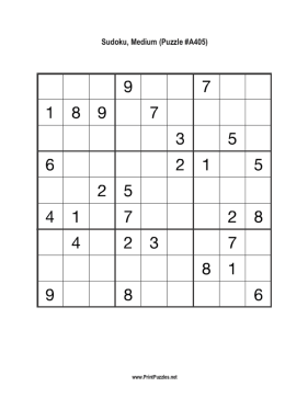 Sudoku - Medium A405 Printable Puzzle