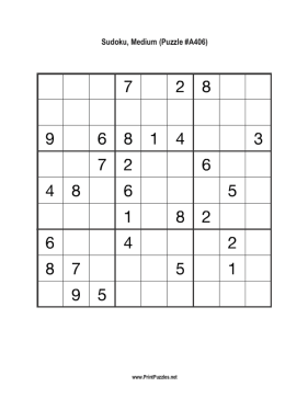 Sudoku - Medium A406 Printable Puzzle