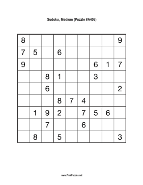 Sudoku - Medium A408 Printable Puzzle