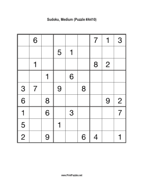 Sudoku - Medium A410 Printable Puzzle