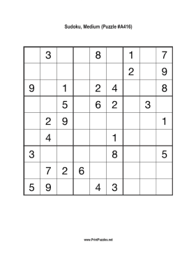 Sudoku - Medium A416 Printable Puzzle